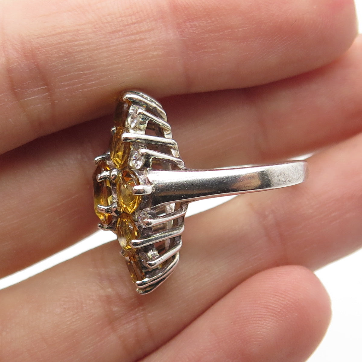 925 Sterling Silver Real Citrine Gemstone & C Z Statement Ring Size 5.75