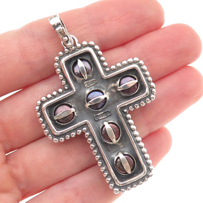 Honora 925 Sterling Silver Vintage Real Tahitian Pearl Cross Oxidized Pendant