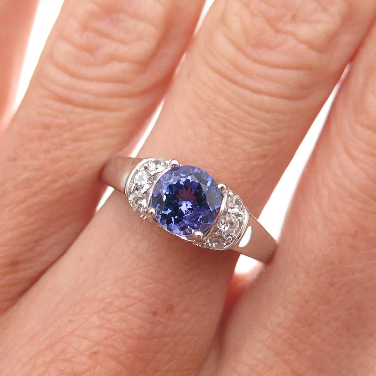 925 Sterling Silver Real Round-Cut Tanzanite & White Topaz Ring Size 8
