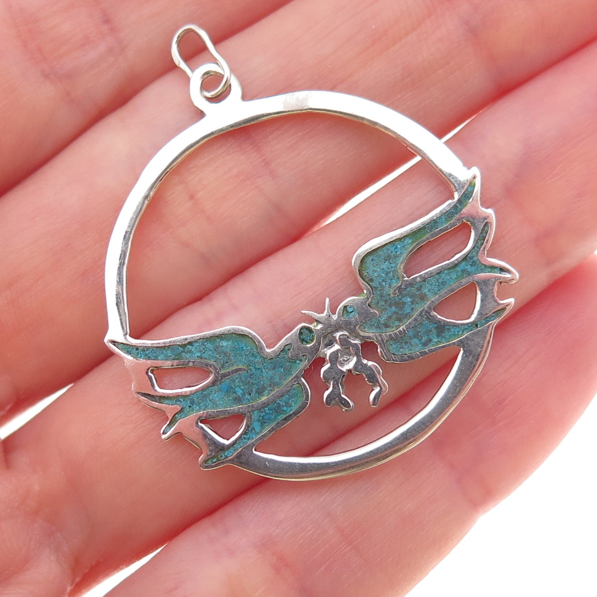 925 Sterling Silver Vintage Real Turquoise Inlay Swallow Birds Charm Pendant