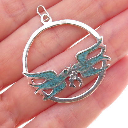 925 Sterling Silver Vintage Real Turquoise Inlay Swallow Birds Charm Pendant