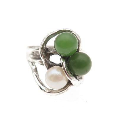 925 Sterling Silver Vintage Real Pearl & Jade Modernist Oxidized Ring Size 4.75