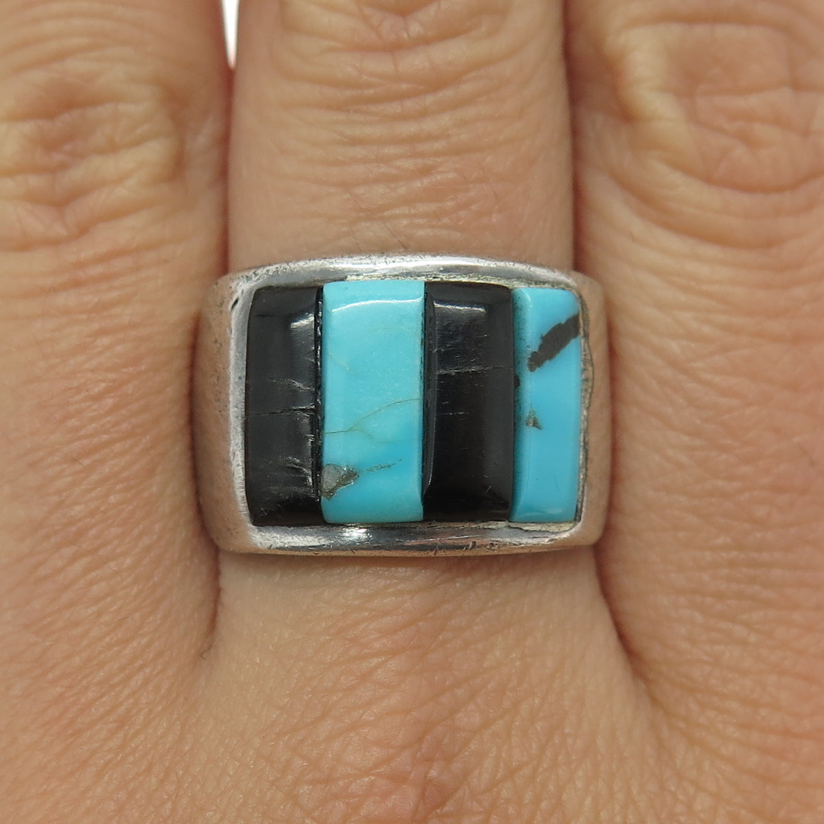 Old Pawn 925 Sterling Silver Vintage Southwestern Turquoise Onyx Ring Size 9.75