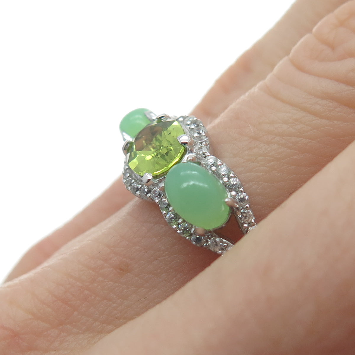 925 Sterling Silver Real Peridot Chalcedony & C Z Ring Size 7.5