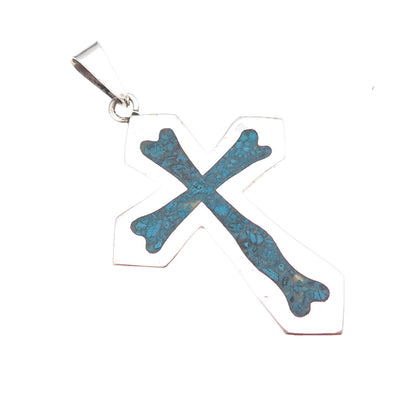 925 Sterling Silver Vintage Mexico Real Turquoise Inlay Cross Pendant