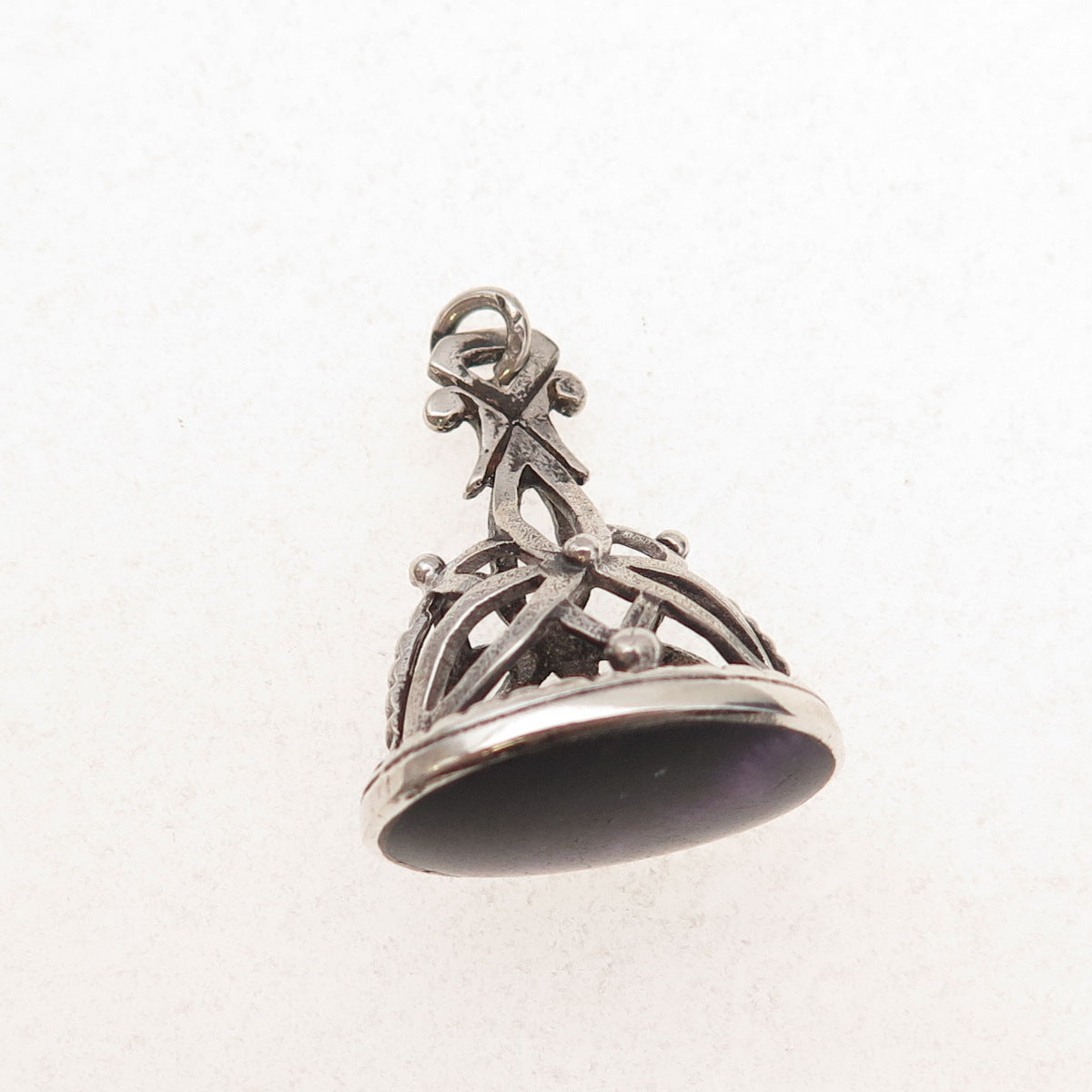 925 Sterling Silver Antique Victorian Real Amethyst Chatelaine Fob Charm Pendant