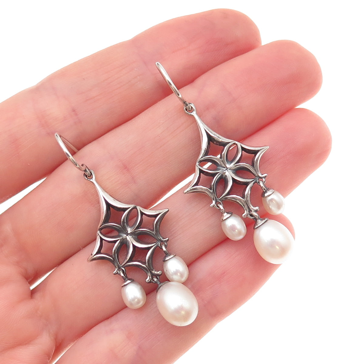 Ann King 925 Sterling Silver Vintage Real Pearl Floral Oxidized Dangle Earrings