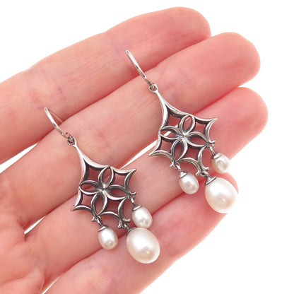 Ann King 925 Sterling Silver Vintage Real Pearl Floral Oxidized Dangle Earrings