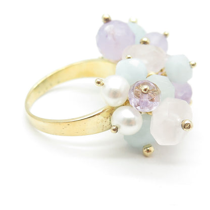 DALIA 925 Sterling Gold Plated Pearl Quartz Amethyst & Aquamarine Ring Size 9.75