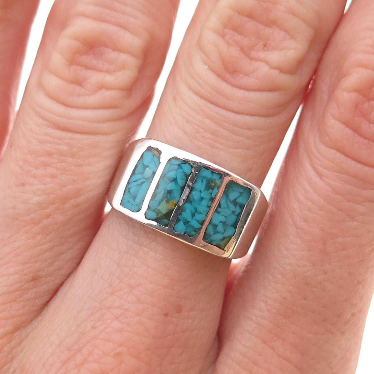 Old Pawn 925 Sterling Silver Vintage Southwestern Turquoise Inlay Ring Size 7