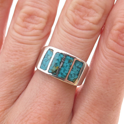 Old Pawn 925 Sterling Silver Vintage Southwestern Turquoise Inlay Ring Size 7