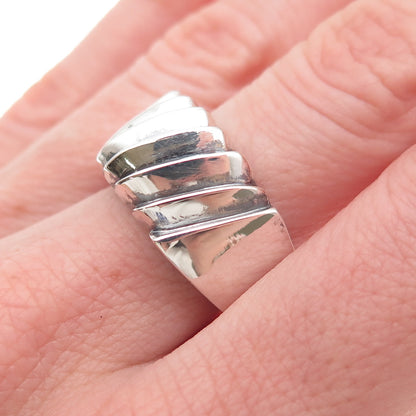 925 Sterling Silver Vintage Modernist Ribbed Oxidized Ring Size 7.75