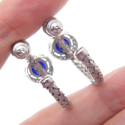 925 Sterling Silver Real Diamond & Enamel Evil Eye Wicker Half Hoop Earrings
