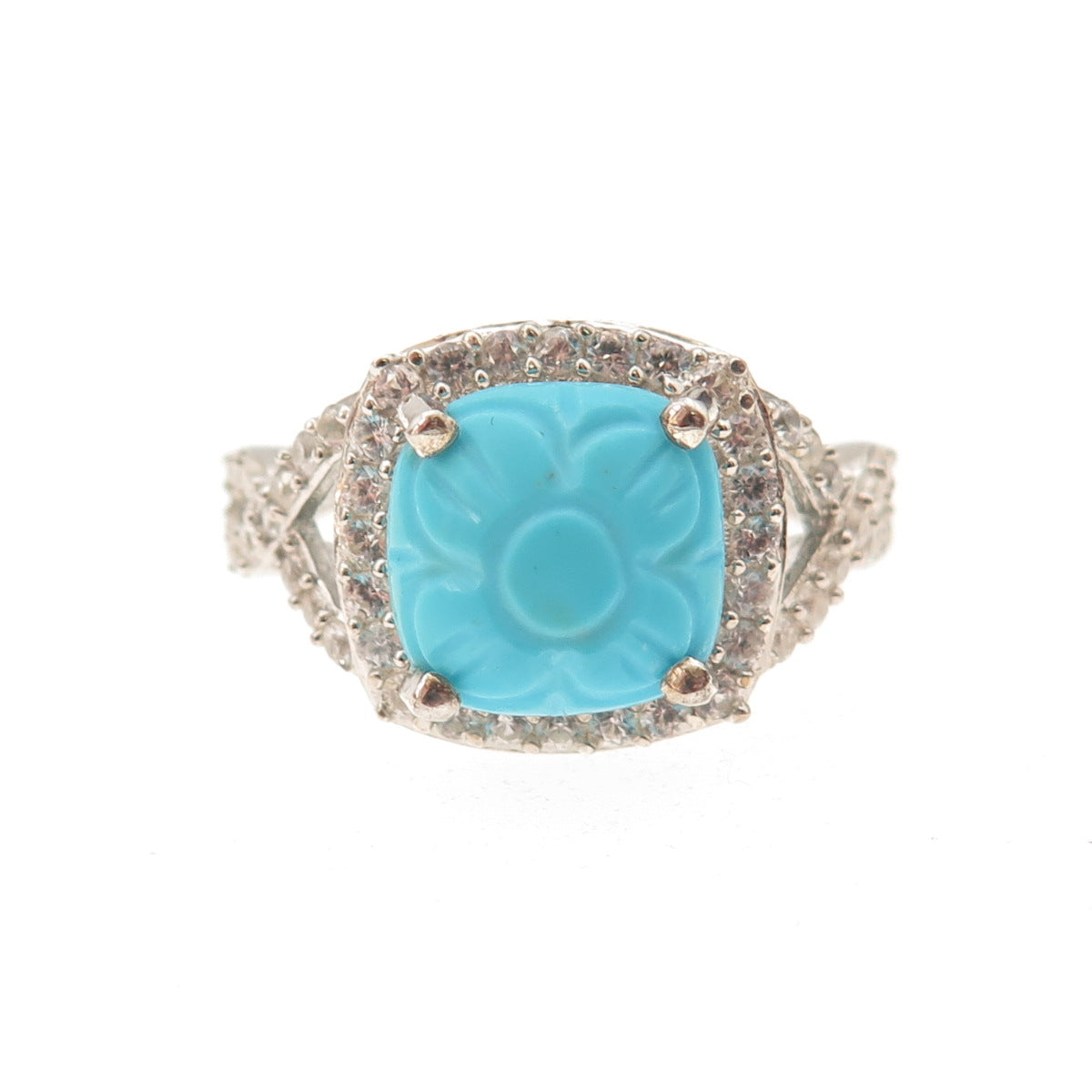 D'Joy 925 Sterling Real Sleeping Beauty Turquoise White Topaz Floral Ring Size 8