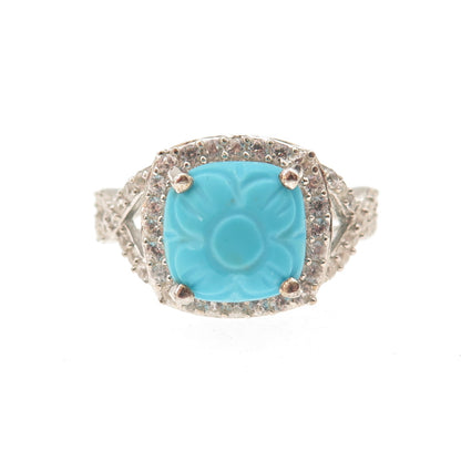 D'Joy 925 Sterling Real Sleeping Beauty Turquoise White Topaz Floral Ring Size 8