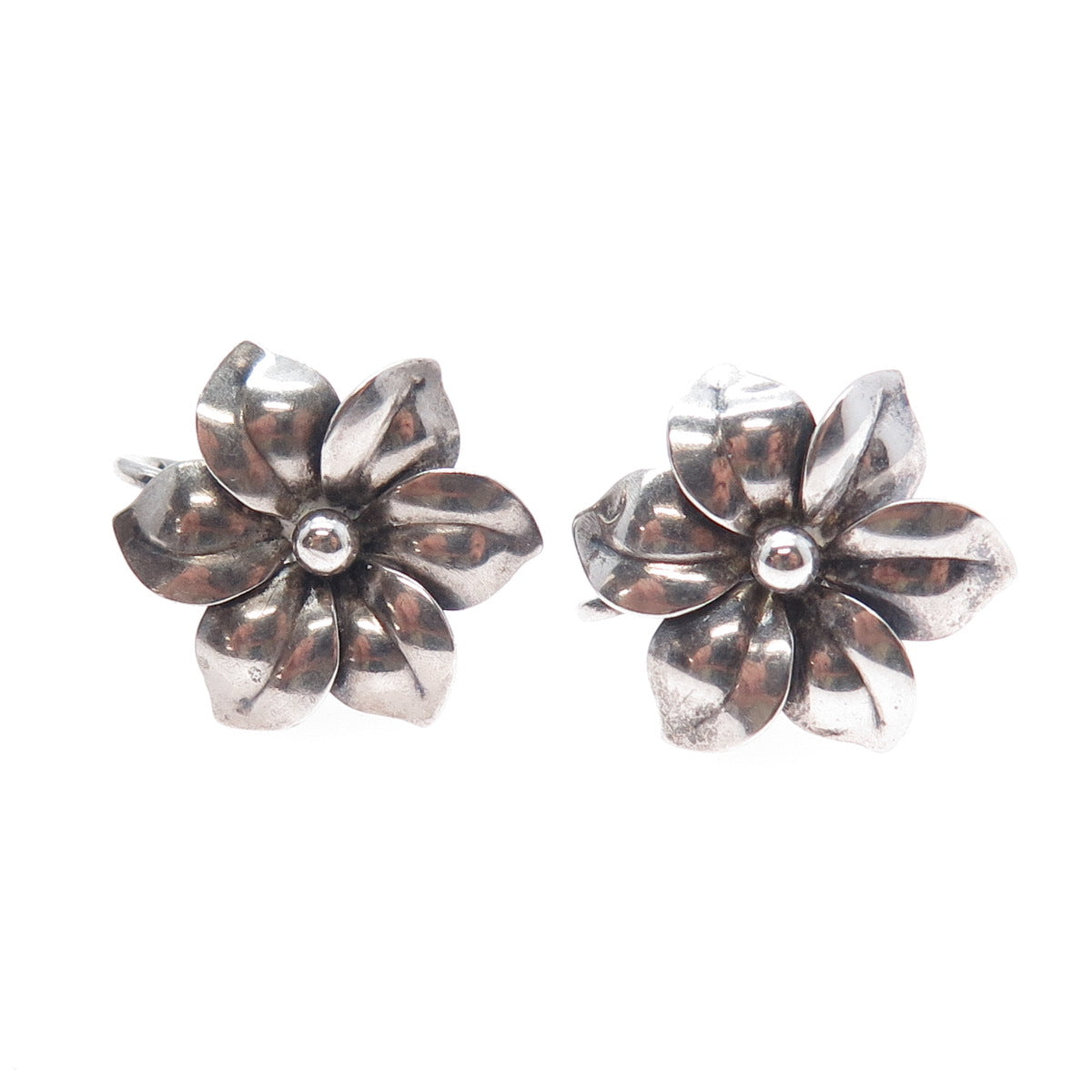 925 Sterling Silver Antique Art Deco Flower Oxidized Screw Back Earrings