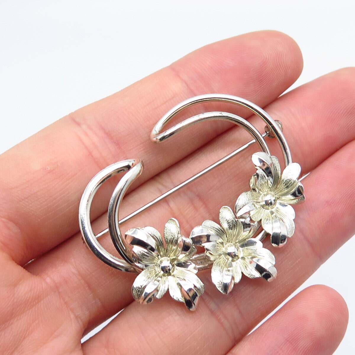 925 Sterling Silver Vintage Forstner Floral Pin Brooch