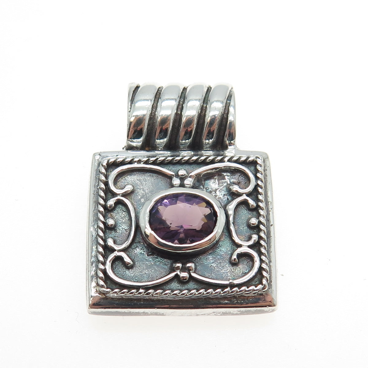 925 Sterling Silver Vintage Real Amethyst Gemstone Ornate Slide Pendant