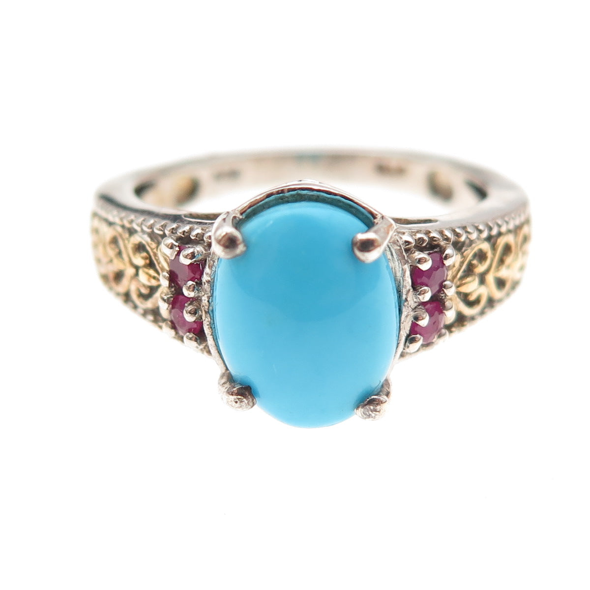 Chuck Clemency 925 Sterling Silver 2-Tone Real Turquoise & Ruby Ring Size 8.25