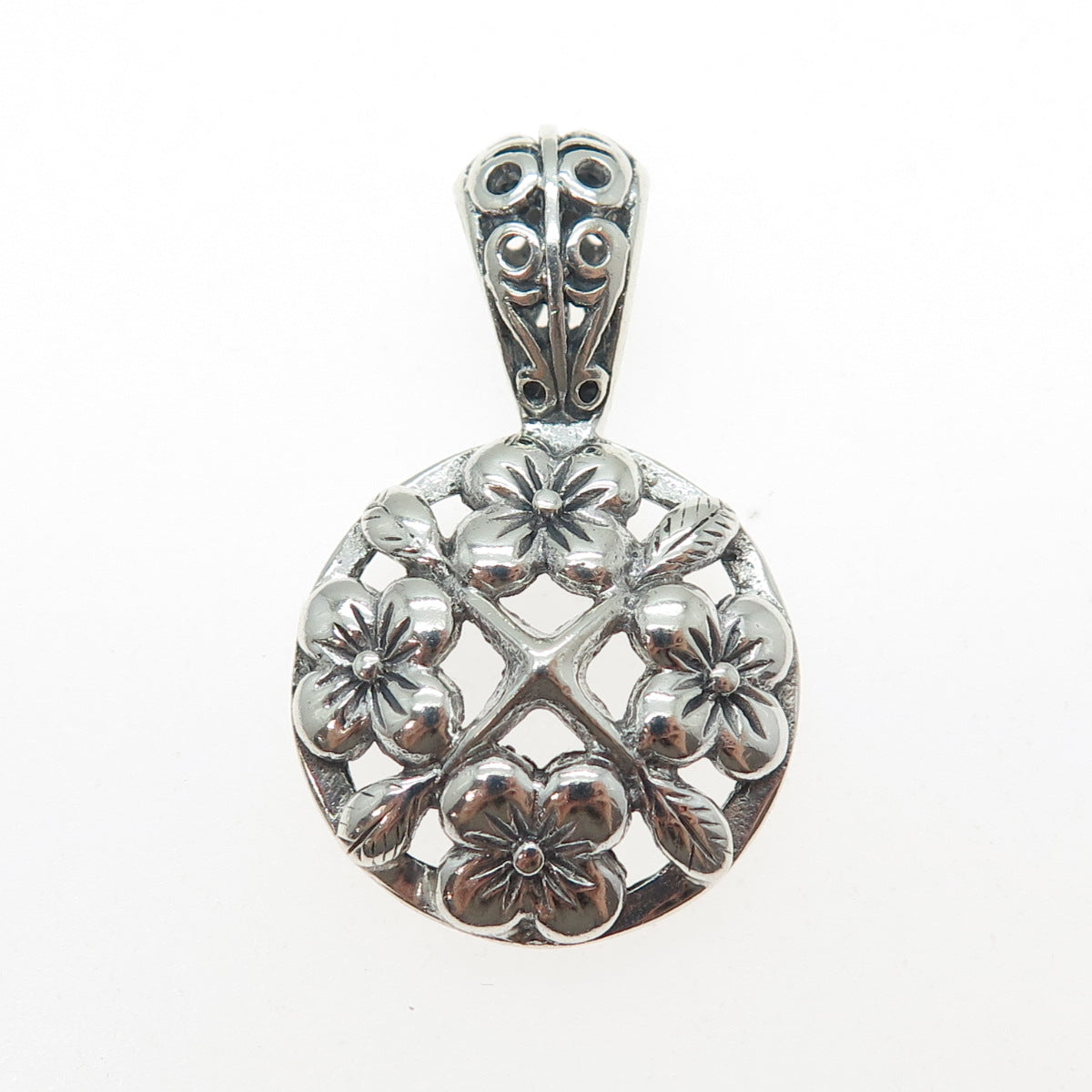 925 Sterling Silver Vintage Flower Blossom Oxidized Charm Pendant