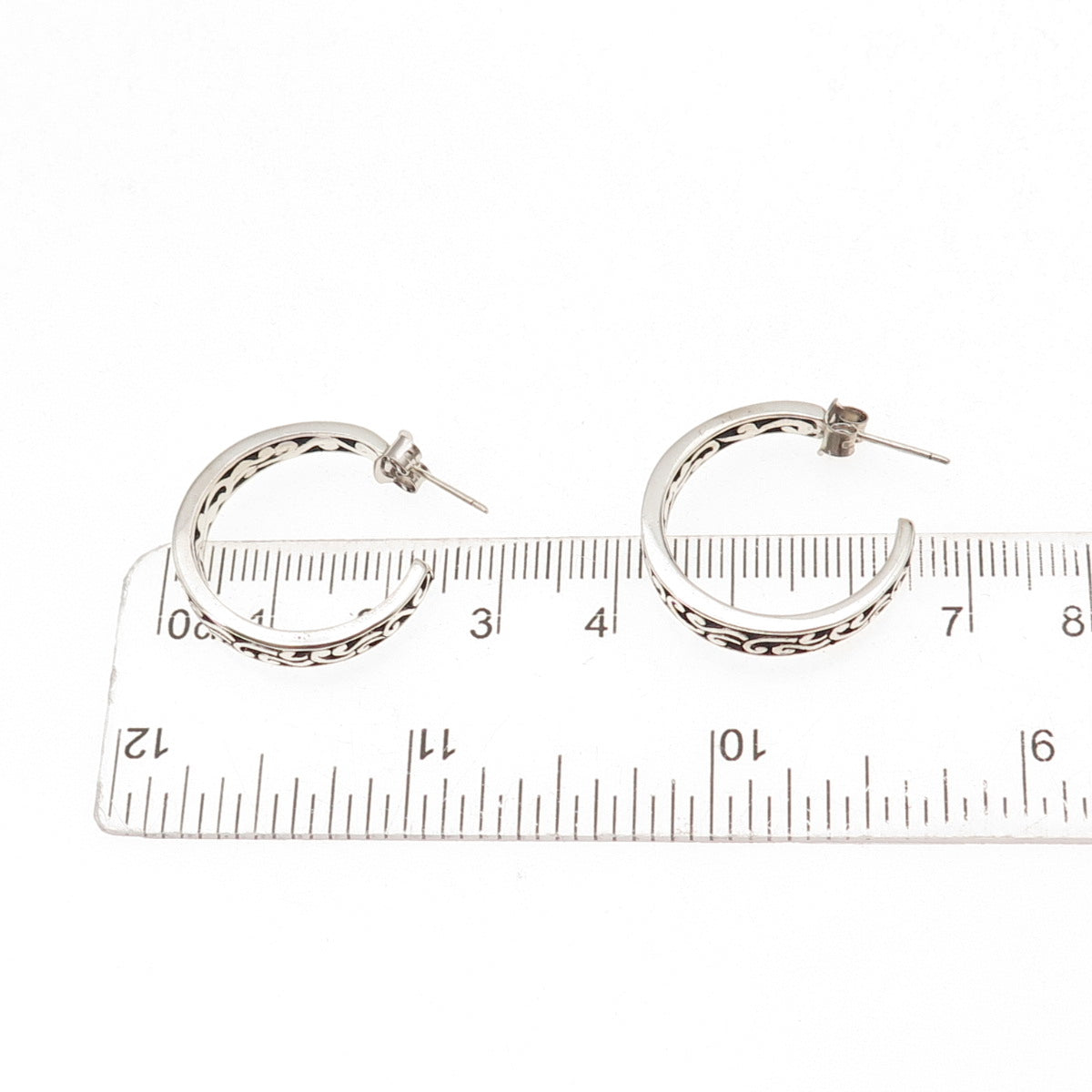 925 Sterling Silver Vintage Floral Scroll Oxidized Hoop Earrings