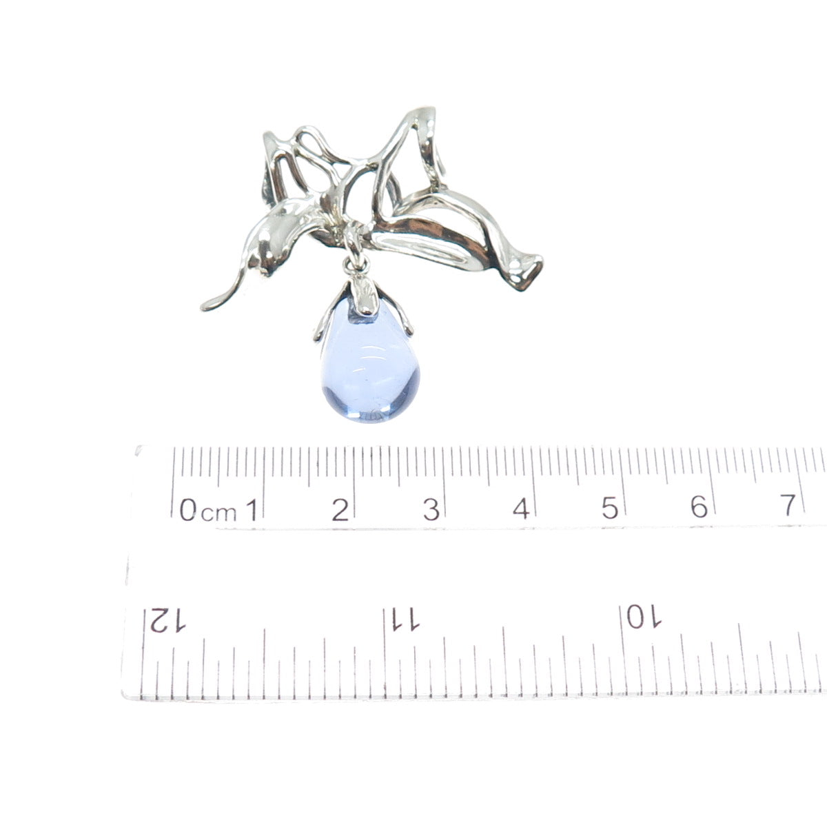 925 Sterling Silver Vintage Blue Glass Modernist Ribbon Bow Slide Pendant