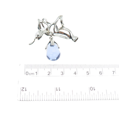925 Sterling Silver Vintage Blue Glass Modernist Ribbon Bow Slide Pendant