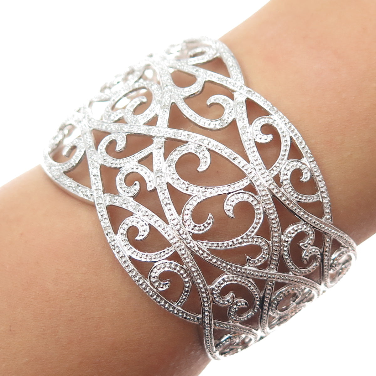 925 Sterling Silver Real Round-Cut Diamond Swirl Adjustable Cuff Bracelet 7"