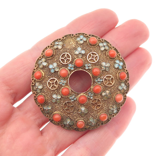 925 Sterling Silver Gold Plated Antique China Enamel Real Coral Floral Brooch
