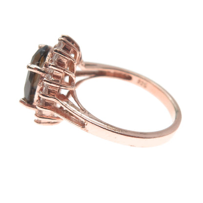 925 Sterling Silver Rose Gold Plated Real Smoky Quartz & C Z Ring Size 7.5