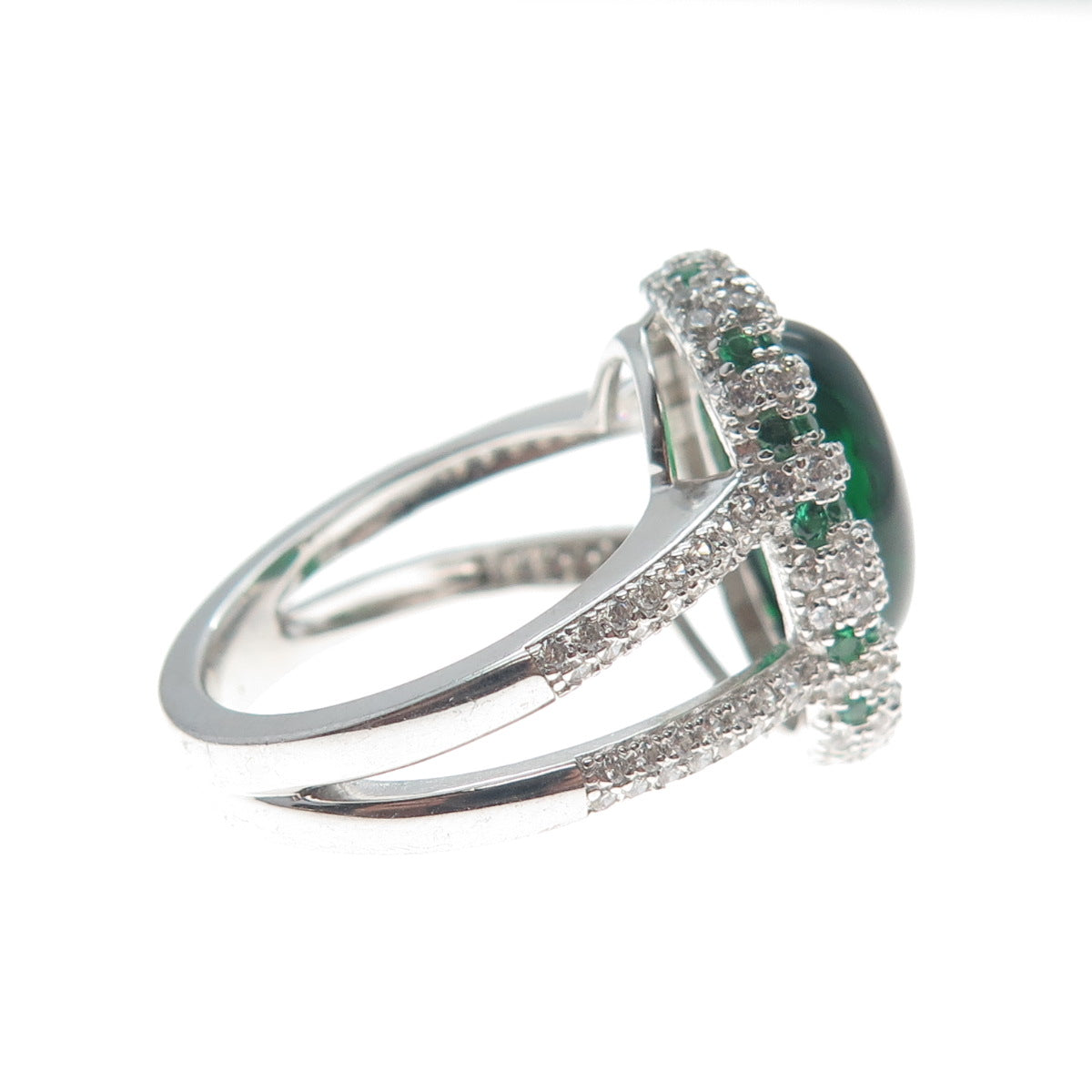 DSMK 925 Sterling Silver Cabochon Nano Emerald & C Z Ring Size 7.25