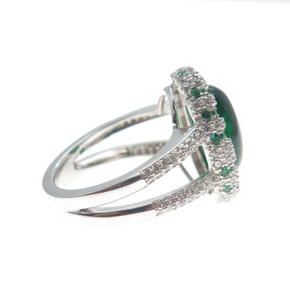 DSMK 925 Sterling Silver Cabochon Nano Emerald & C Z Ring Size 7.25