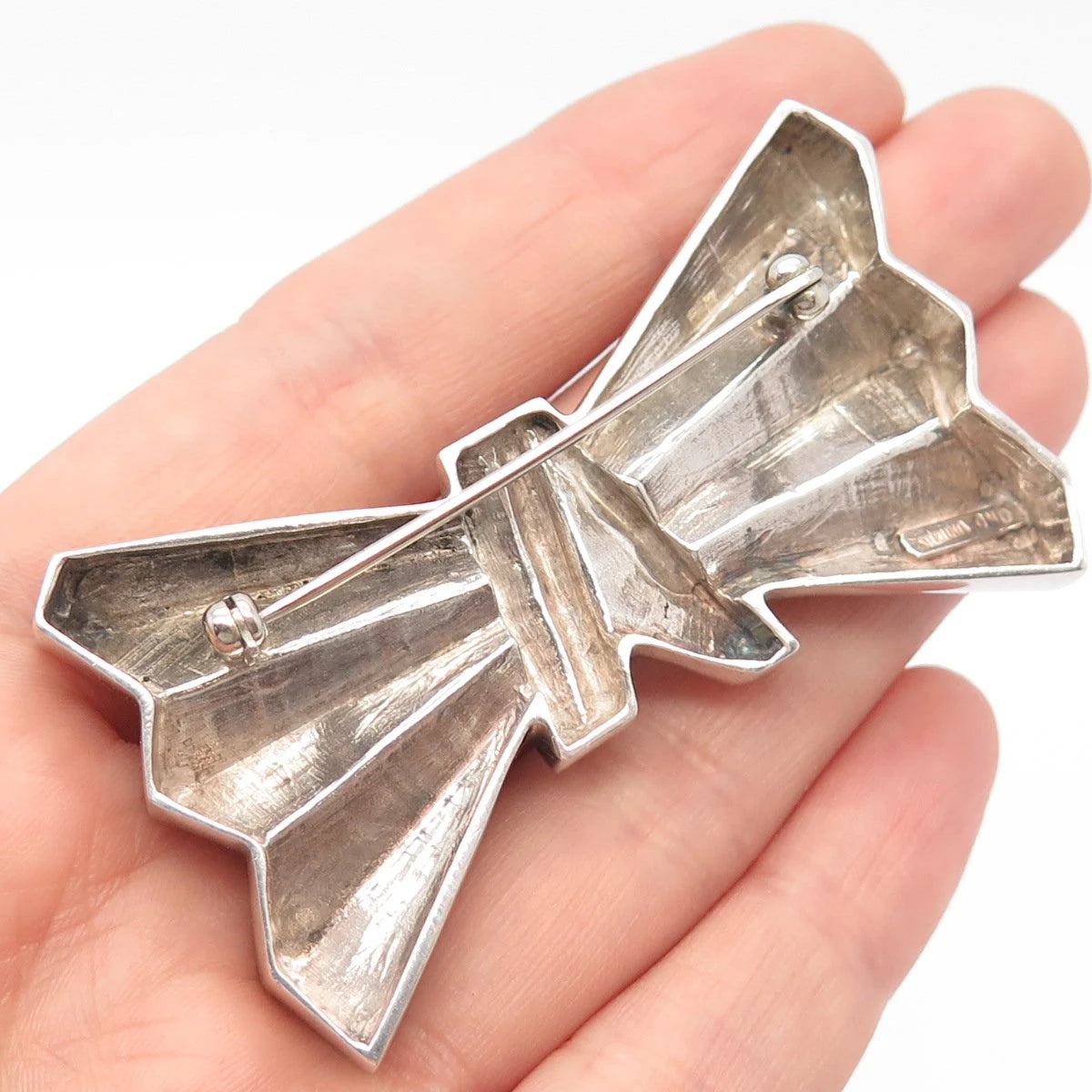 925 Sterling Silver Vintage Bow Ribbed Pin Brooch
