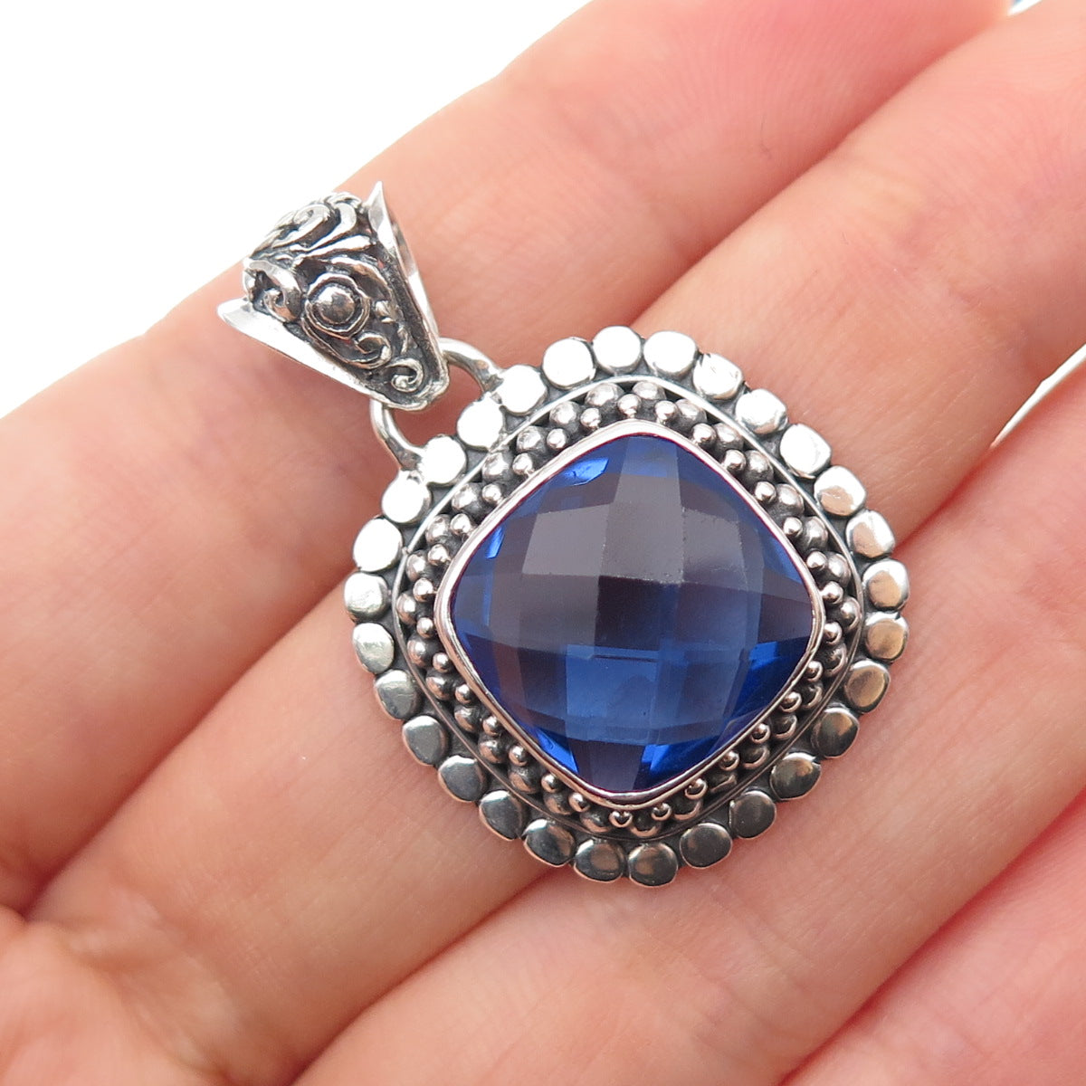 BERIA 925 Sterling Silver Vintage Lab-Created Blue Spinel Dotted Charm Pendant