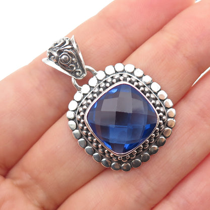 BERIA 925 Sterling Silver Vintage Lab-Created Blue Spinel Dotted Charm Pendant