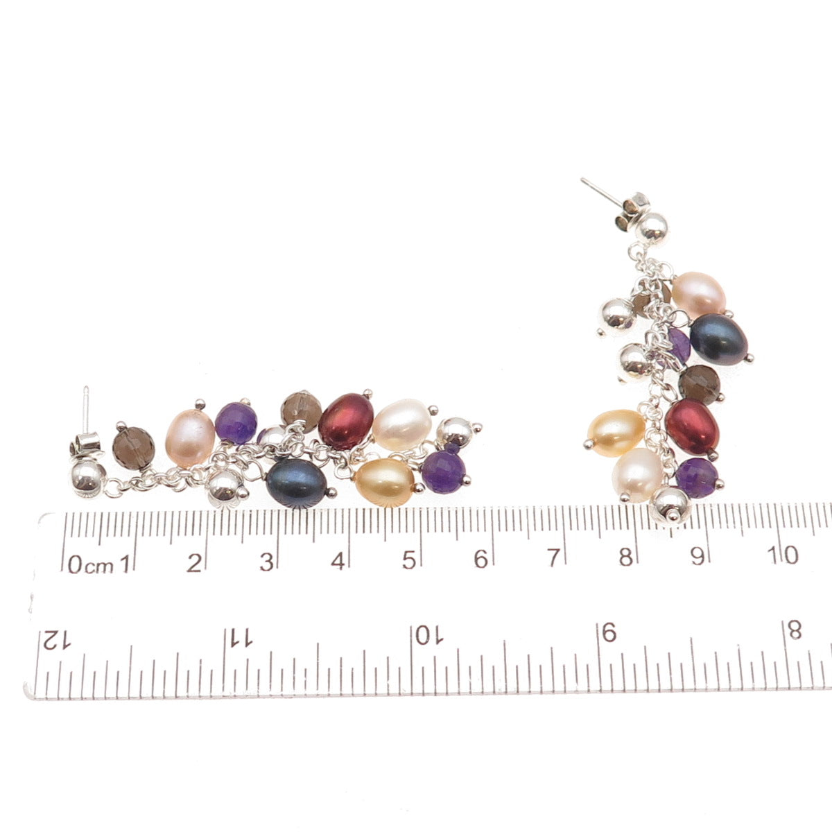 925 Sterling Silver Vintage Real Pearl Amethyst Smoky Quartz Dangle Earrings
