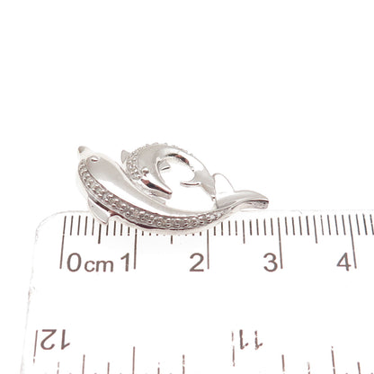 925 Sterling Silver Real Diamond Mom & Child Dolphin Slide Charm Pendant