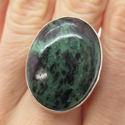 925 Sterling Silver Vintage Real Cabochon Zoisite Ruby Modernist Ring Size 8.25