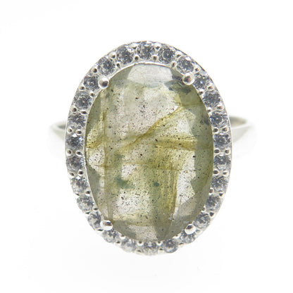 FRANK AHM 925 Sterling Silver Real Oval-Cut Labradorite & C Z Ring Size 7.25