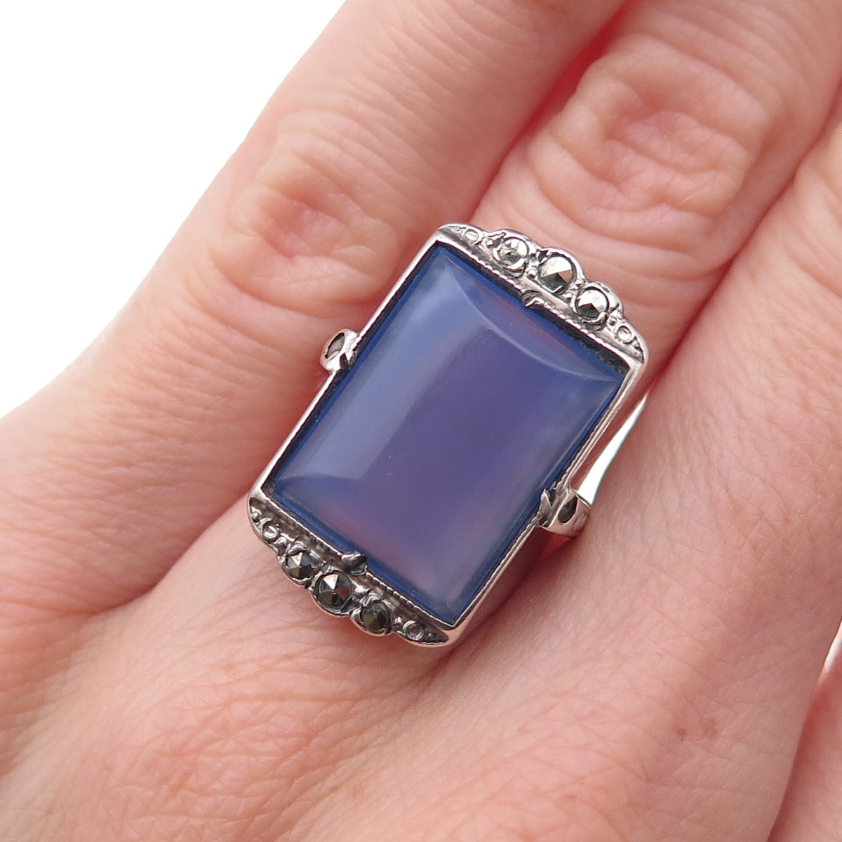 925 Sterling Antique Real Chalcedony & Marcasite Ring Size 5.75 (missing stone)