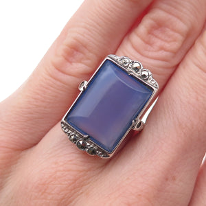 925 Sterling Antique Real Chalcedony & Marcasite Ring Size 5.75 (missing stone)