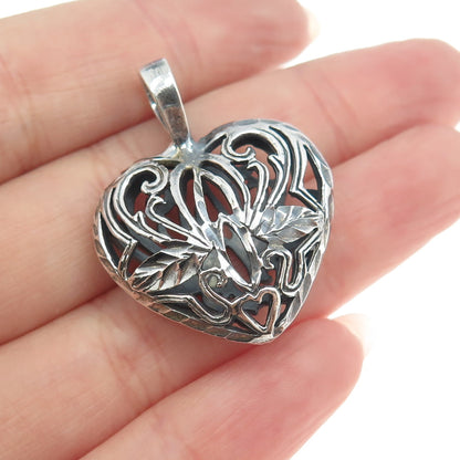 925 Sterling Silver Vintage Floral Heart Oxidized Pendant