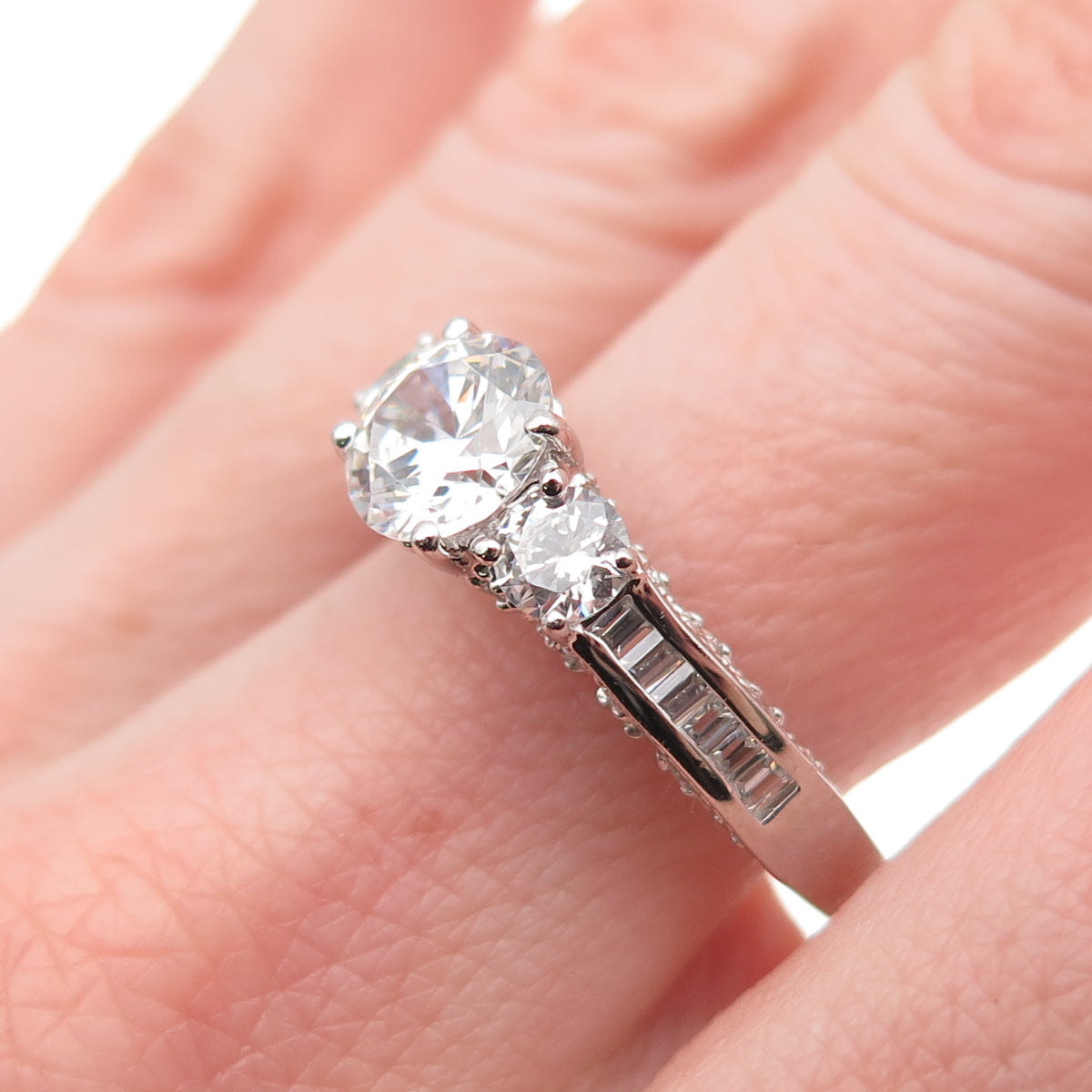 925 Sterling Silver Round & Emerald-Cut C Z Engagement Ring Size 8