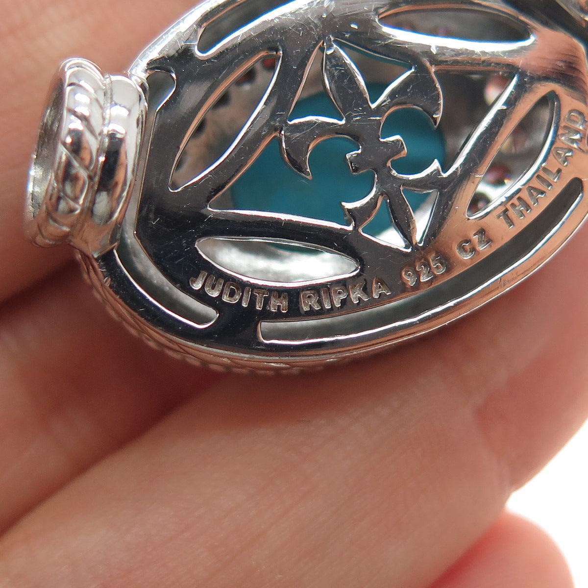 JUDITH RIPKA 925 Sterling Silver Real Tyrone Turquoise & C Z Slide Pendant