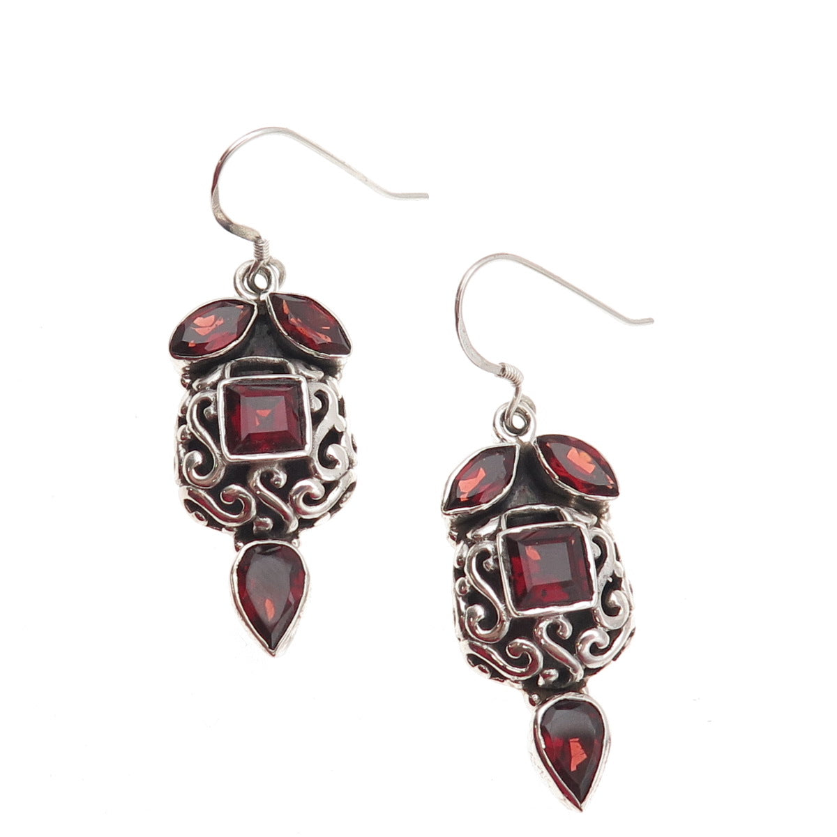 925 Sterling Silver Vintage Real Red Garnet Ornate Dangle Earrings