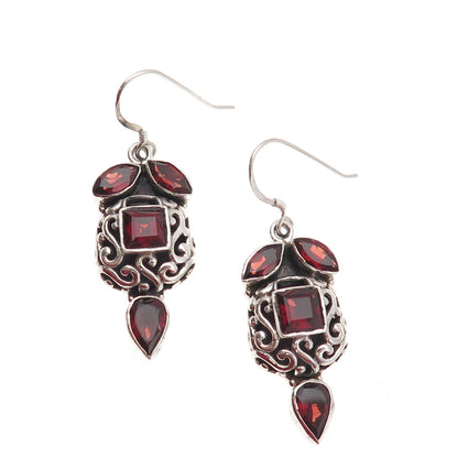 925 Sterling Silver Vintage Real Red Garnet Ornate Dangle Earrings