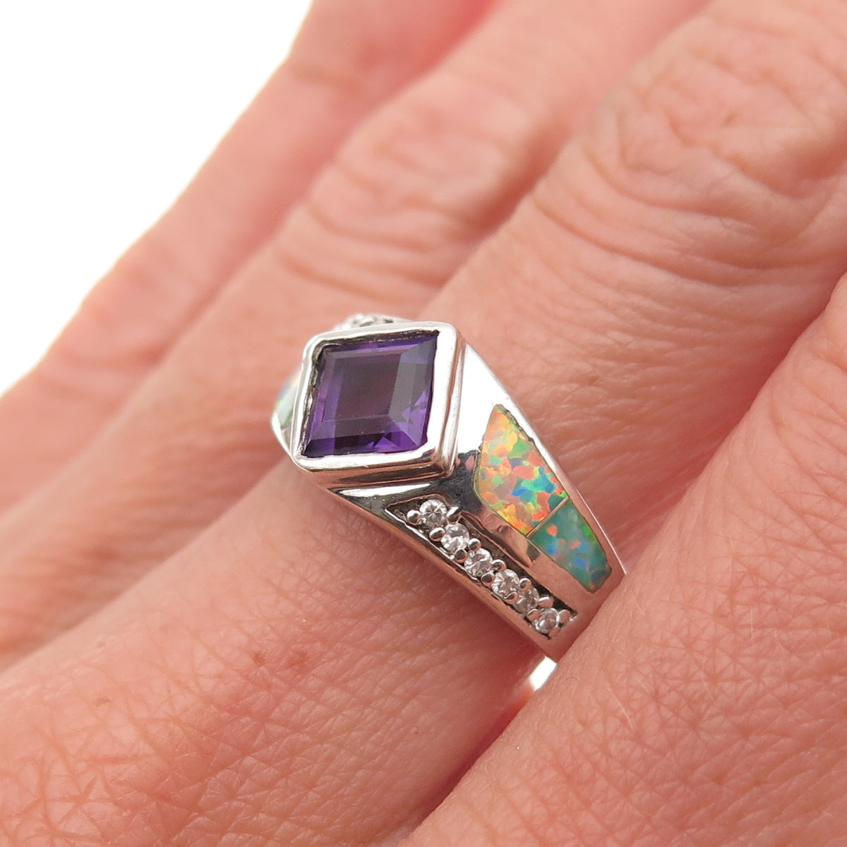 Aziz Kahili 925 Sterling Silver Vintage Real Amethyst Opal & C Z Ring Size 6.5