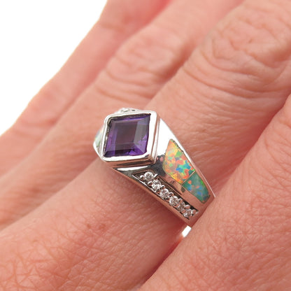Aziz Kahili 925 Sterling Silver Vintage Real Amethyst Opal & C Z Ring Size 6.5