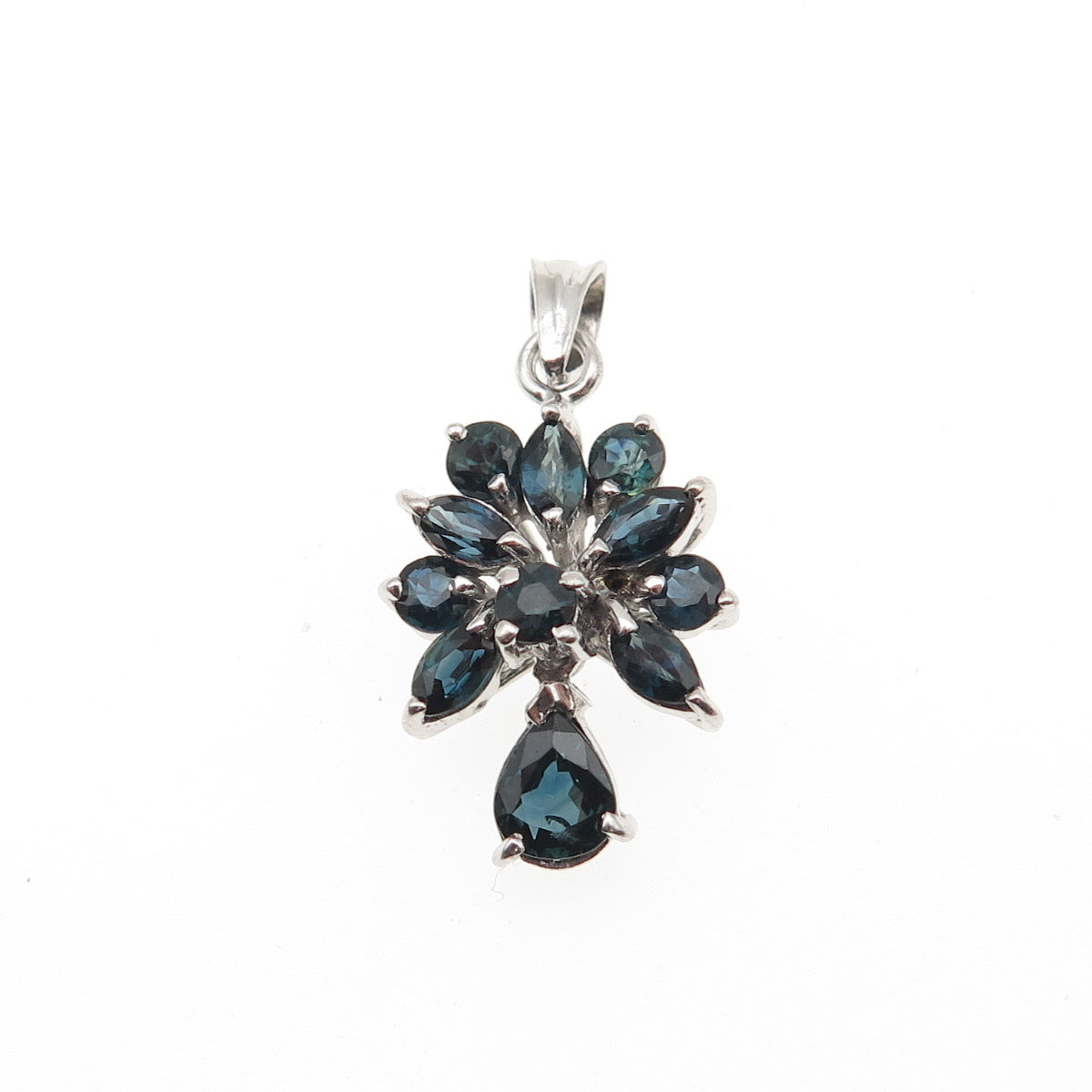 925 Sterling Silver Vintage Real Multi-Cut Sapphire Cluster Charm Pendant