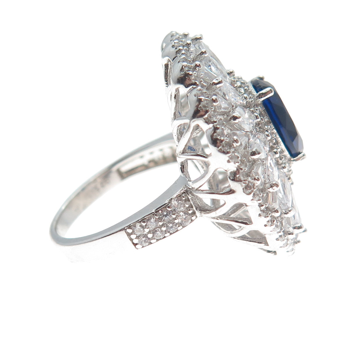 DSMK 925 Sterling Silver White & Blue Multi-C Z Cluster Statement Ring Size 7.25